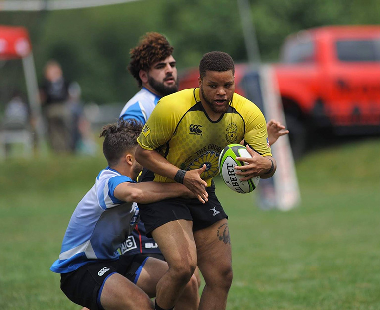 Julian Randall drags a defender during Steel City 7s 2019